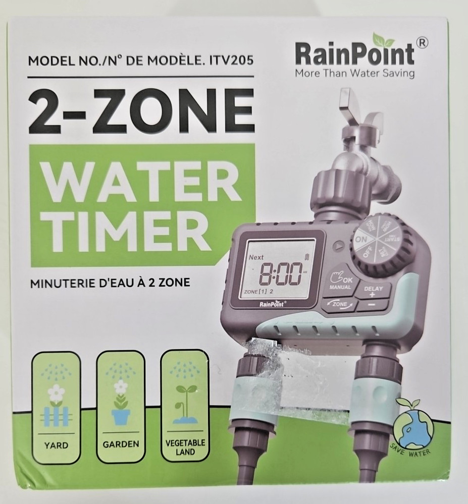 New RainPoint Programmable 2 Zone Water Timer - Model Number ITV205