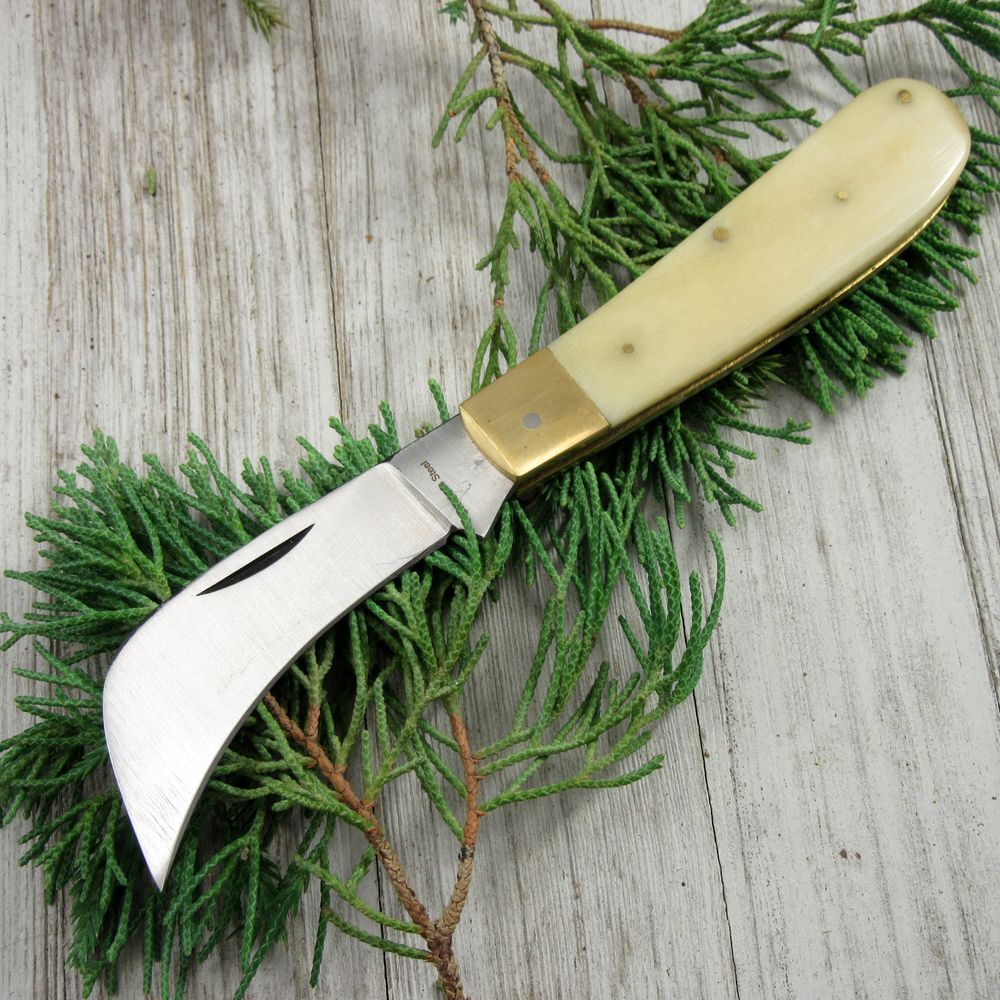 FOLDING POCKET KNIFE | 4" Rite Edge Hawkbill Blade White Bone + Brass Handle