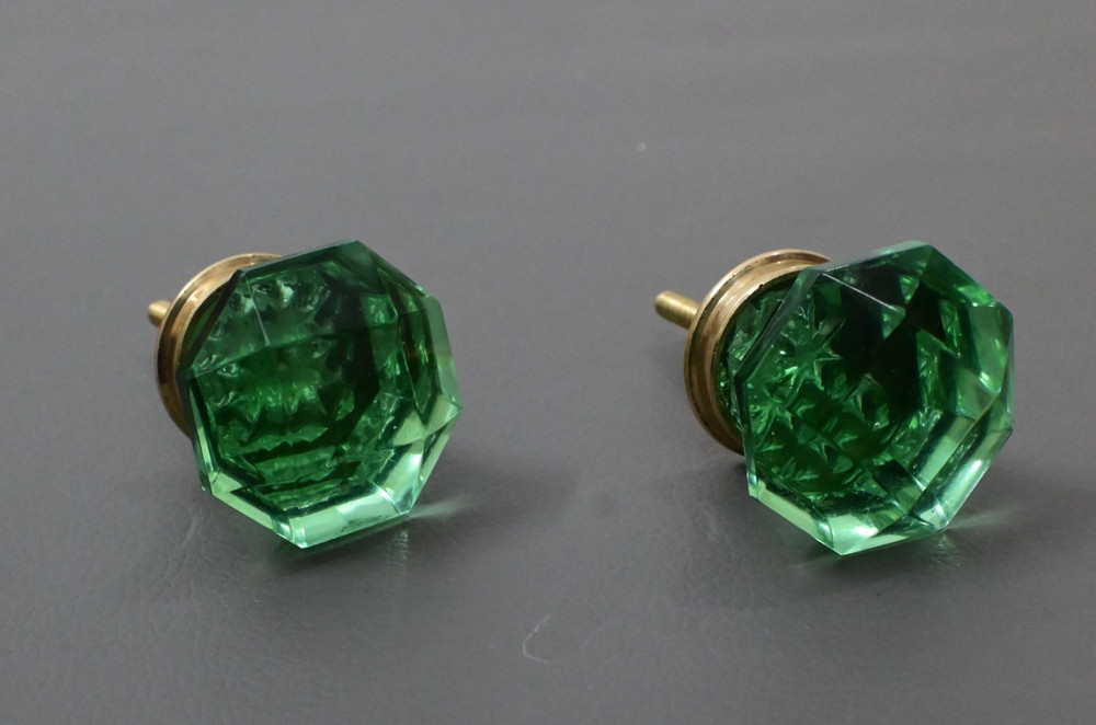 Vintage green victorian diamond cut glass drawer knob handle pull set 2PC