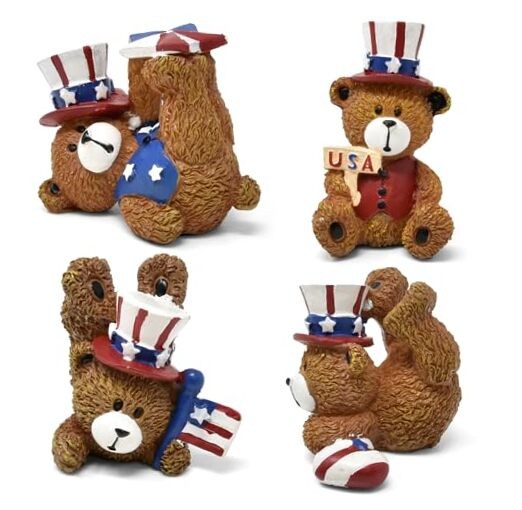 Patriotic Bear Figurines Table Top Decor 4 Set Mini Teddy Bears Uncle Sam