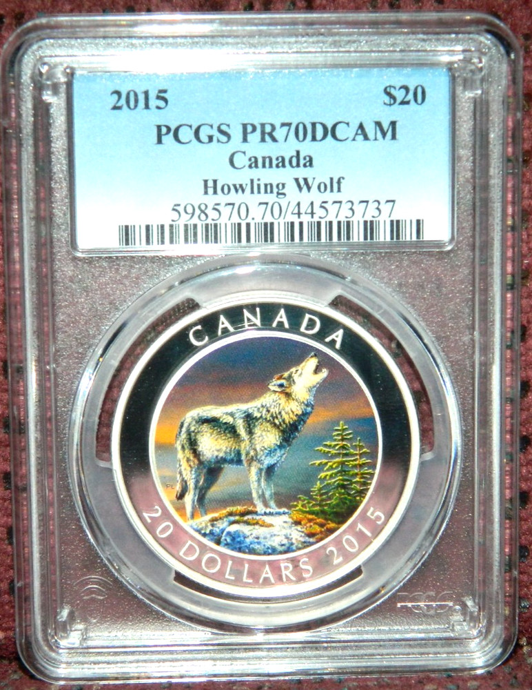 2015 CANADA $20  HOWLING WOLF - COLORIZED SILVER COIN - PCGS  PR70 DCAM - POP=4