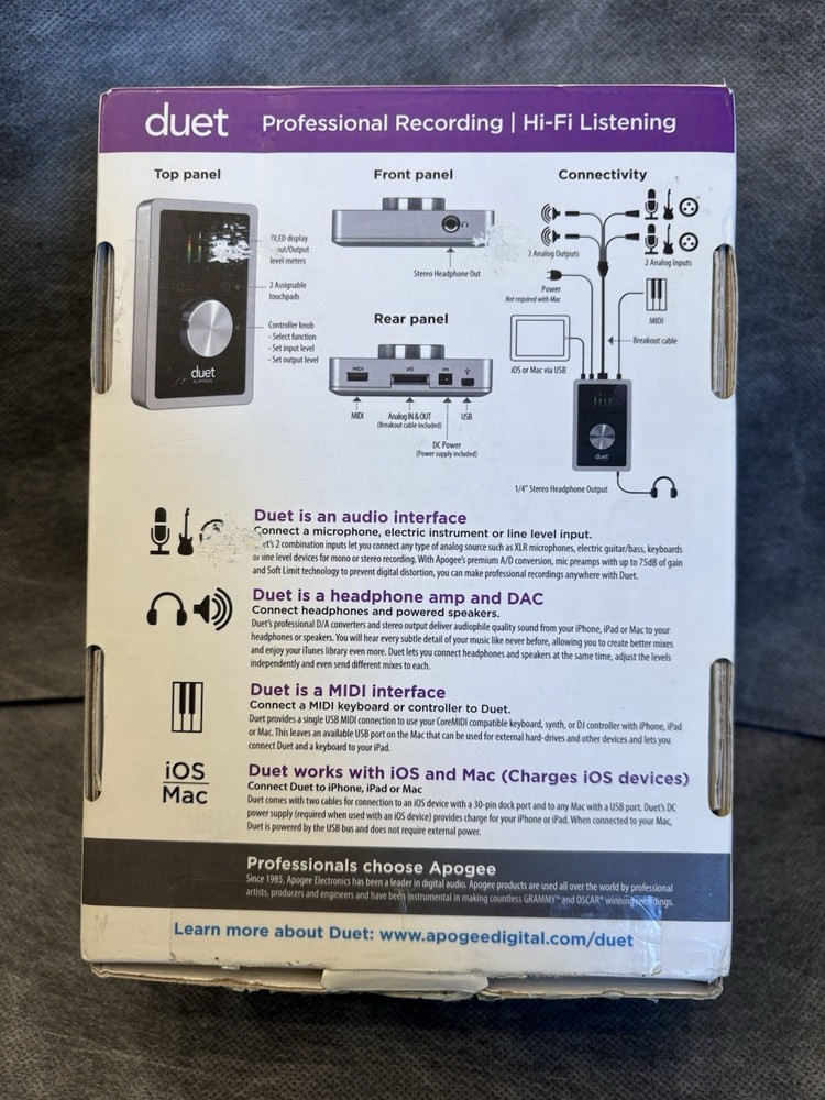 Apogee Duet Audio Music Interface iPhone iPad Mac Box Cables Books
