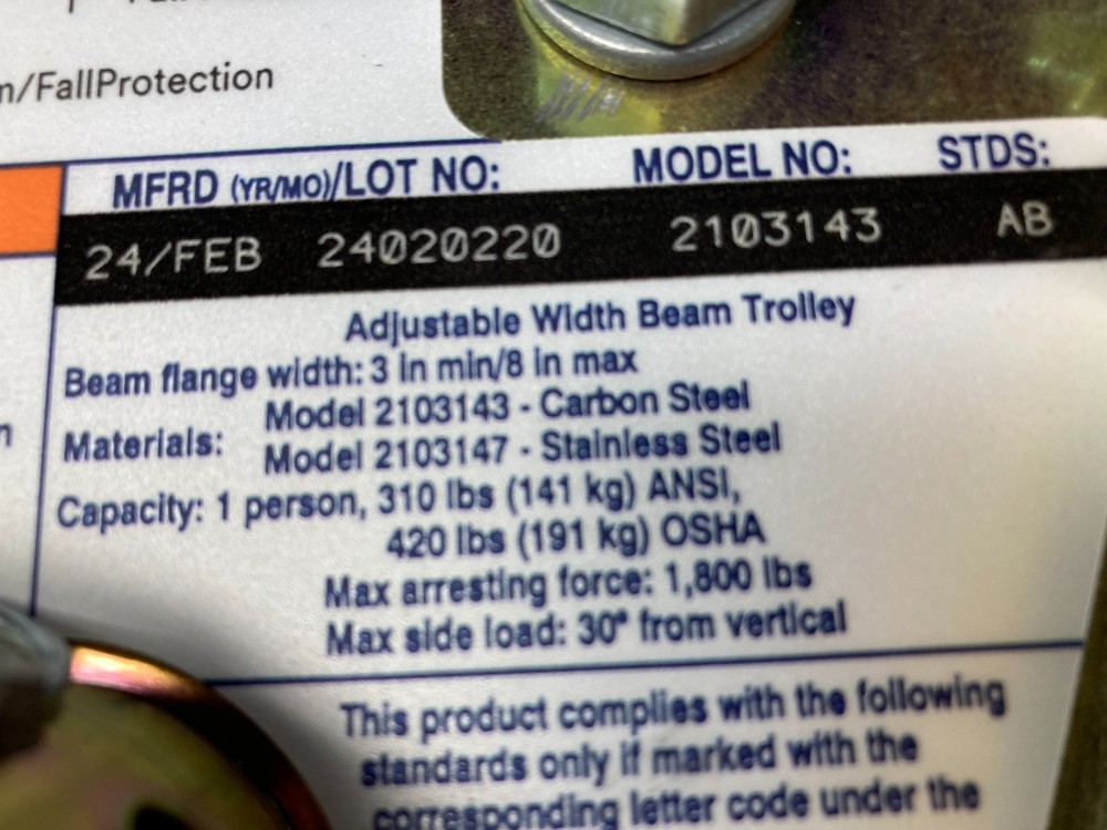 3M DBI-SALA 2103143 Adjustable Width Beam Trolley 3" to 8" Flange - New