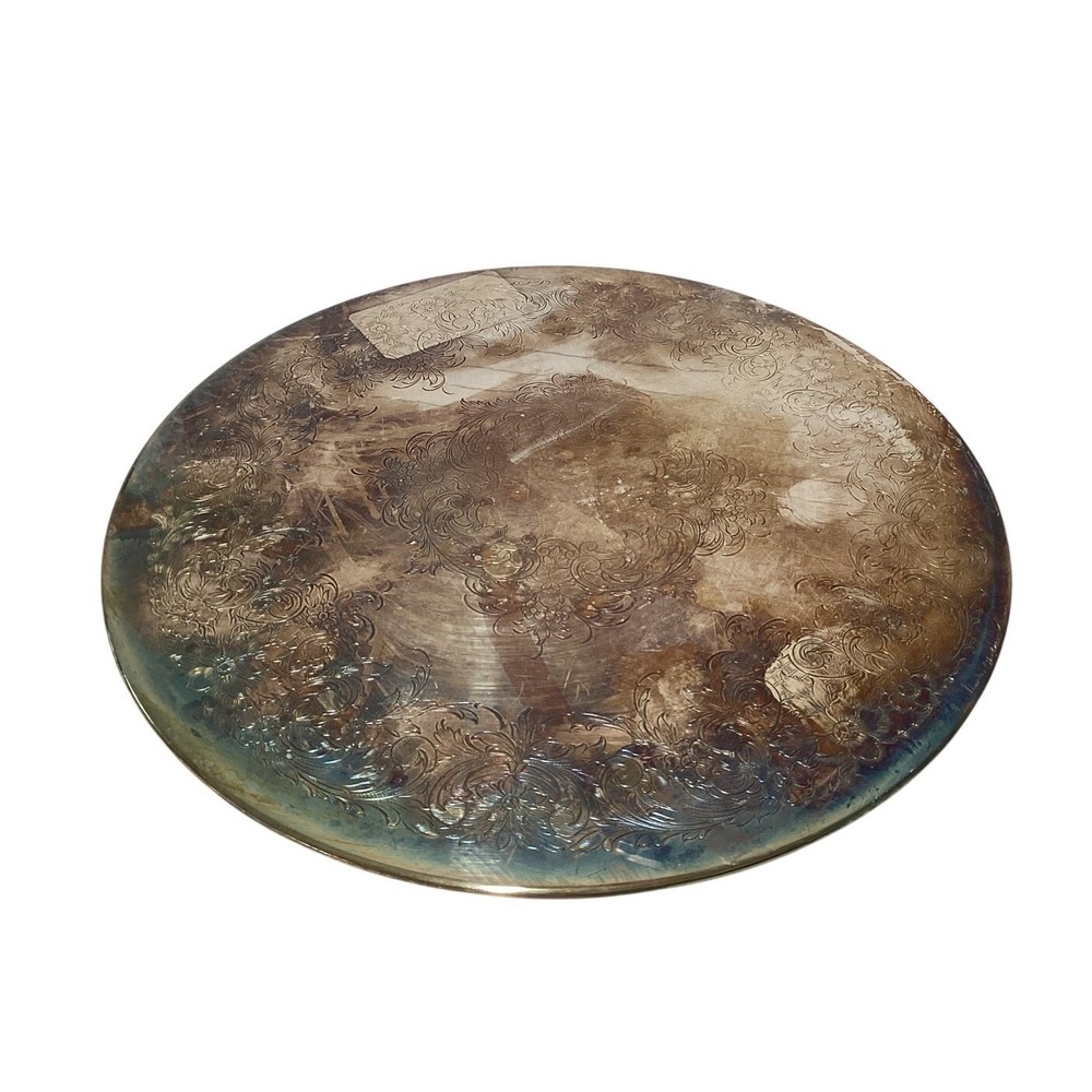 Engraved Silver Tone Round Tray w/ Felt Back