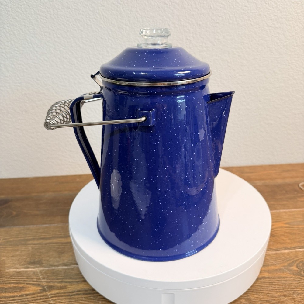 Blue Speckled Enamel Camping Coffee Pot 9" Tall