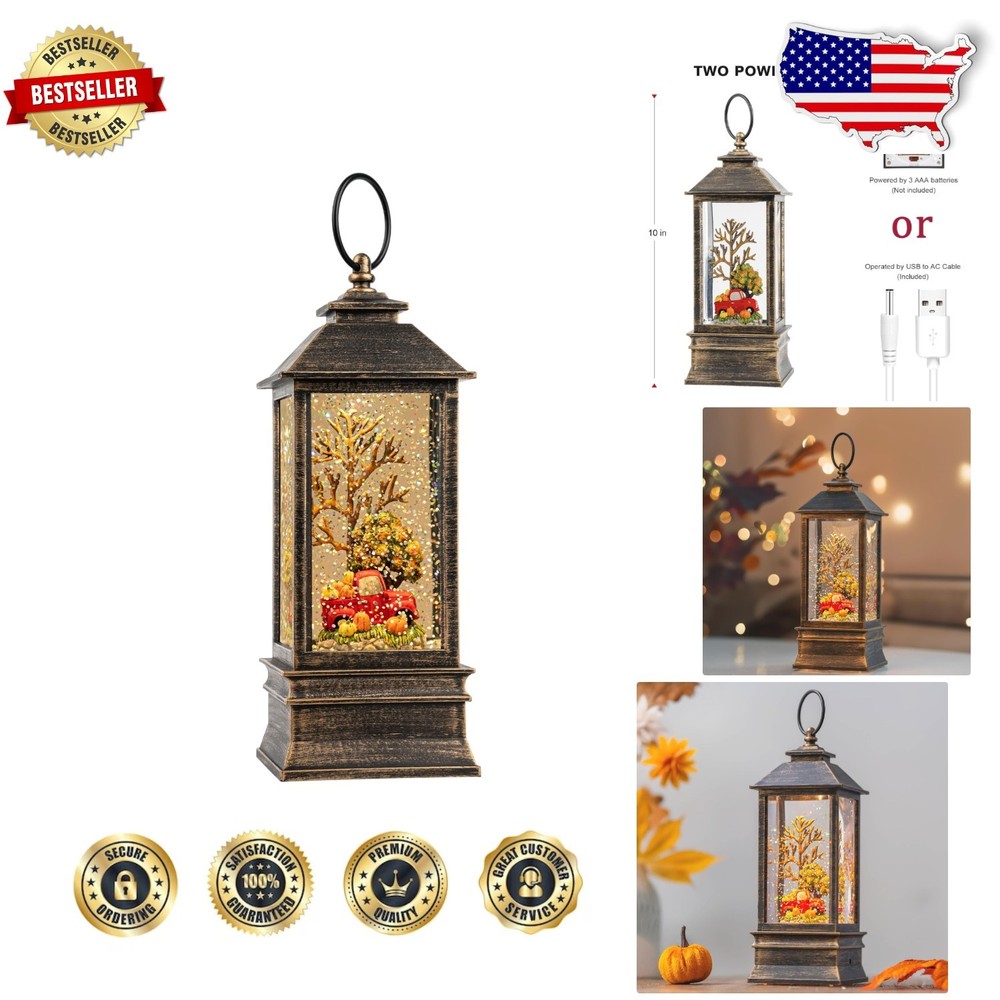 10'' Lighted Fall Snow Globe Lantern Truck Pumpkins Decor