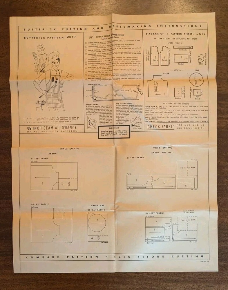 Butterick #2517 His & Hers Quick Easy Apron Pattern w Appliques Complete Cut