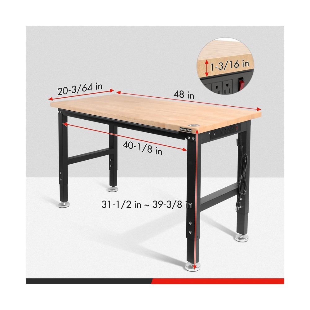 WORKPRO 48" Adjustable Workbench, Rubber Wood Top Heavy-Duty Workstation, 200...