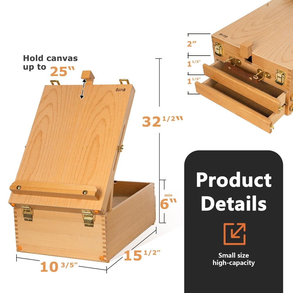 Large Sketchbox with 3-Drawer Storage, Adjustable Beech Wood Desktop Easel fo...