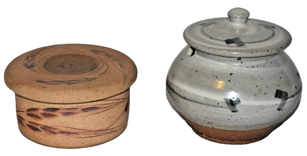 2 Studio Pottery Stoneware Covered Lid Dishes Bowls