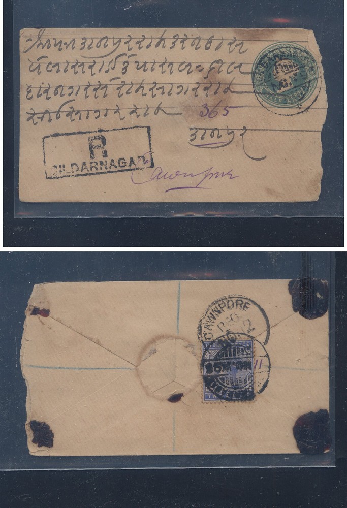 India  small  postal  envelope  registered, uprated