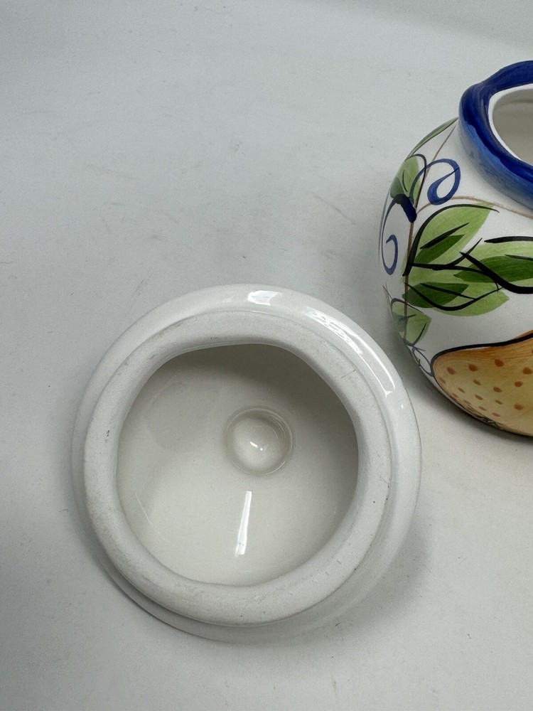 capriware Covered Sugar Bowl & Creamer Fruit Design w/ Cobalt Blue Trim EUC HTF