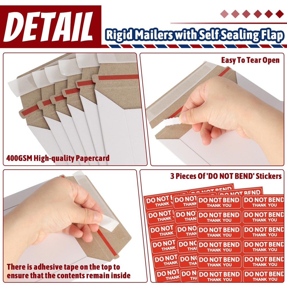 100 Pack 6"x8" Rigid Mailers Self Seal Document Mailers Flat Cardboard Envelopes