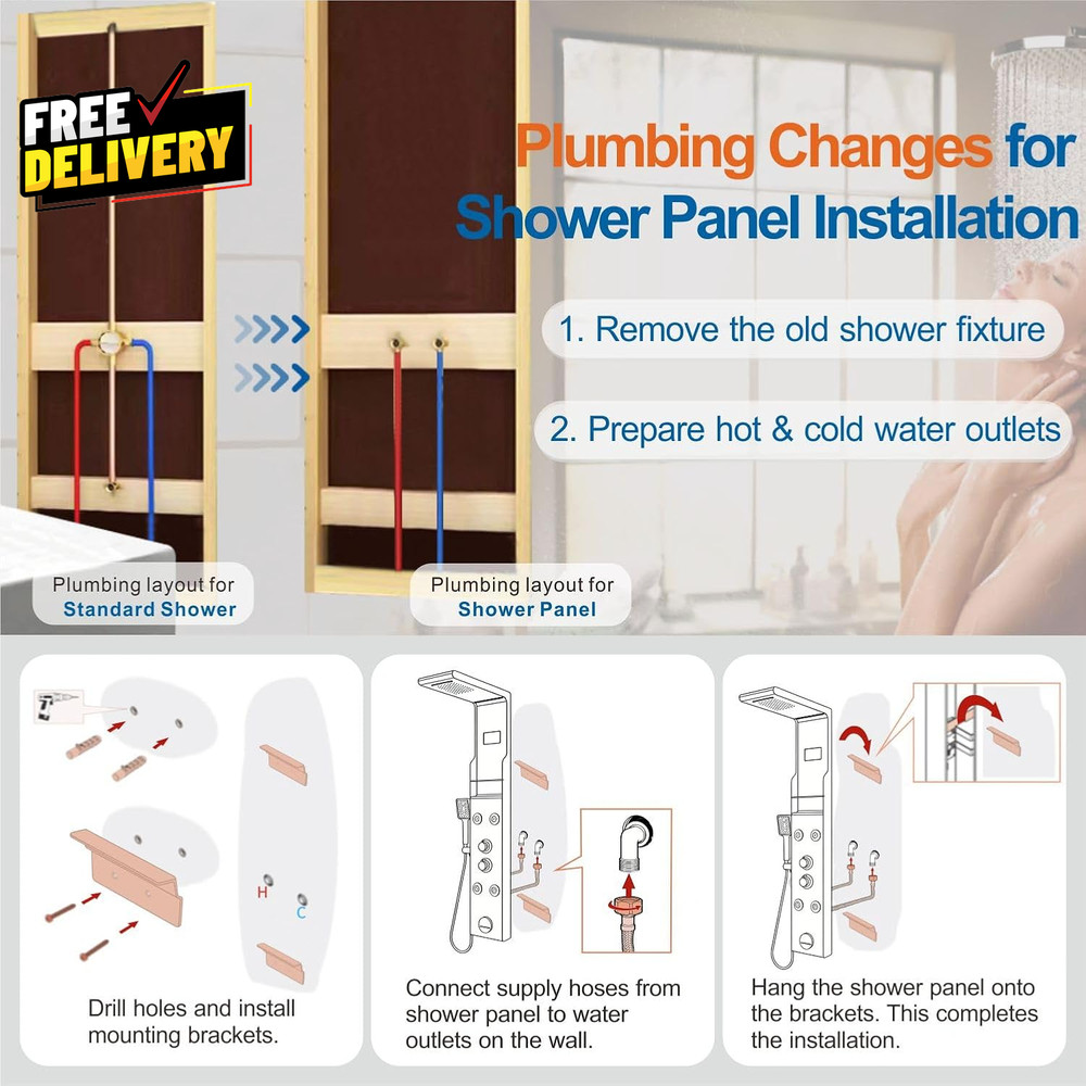 Stainless Steel Shower Panel Tower LED Rainfall Waterfall 6-Function
