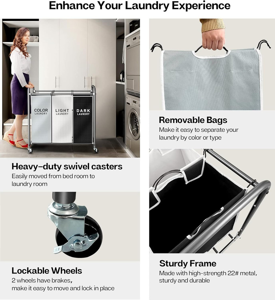 Laundry Sorter Hamper 3 Section, Divided Laundry Basket Organizer with Heavy Dut