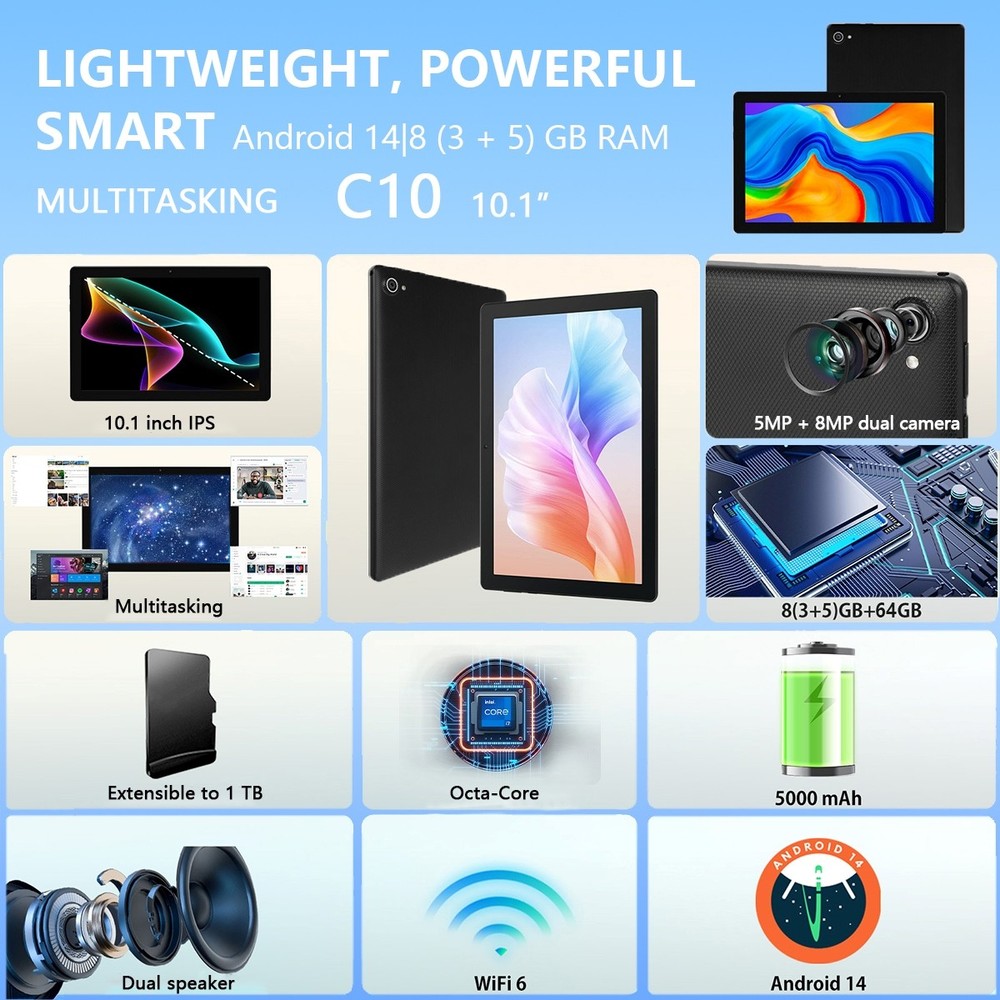 10 inch Octa-Core Android 14 Tablet 8+64GB ROM,Dual Camera Bluetooth WIFI