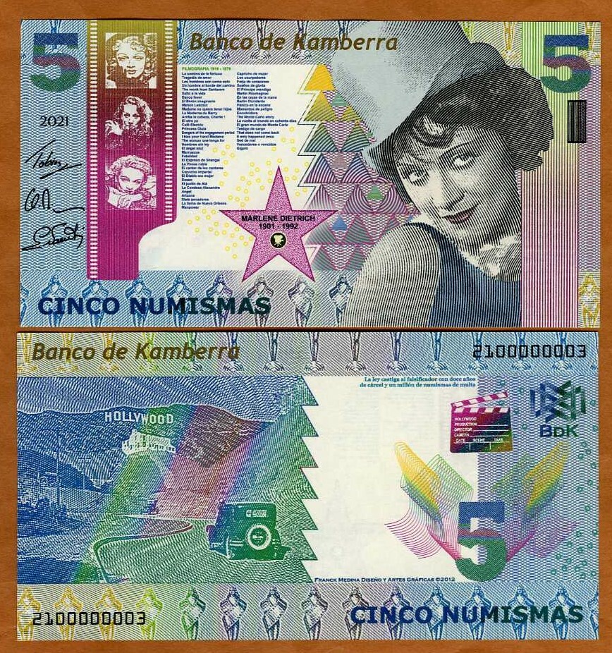 Kamberra, Kingdom, 5 Numismas, 2021, UNC Marlene Dietrich
