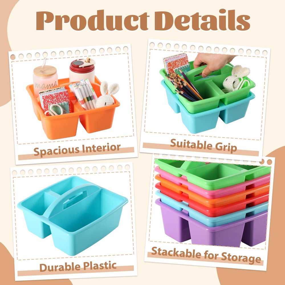 6 Pack 3 Compartment Small Caddy Plastic Classroom Organizer with Handle Port...