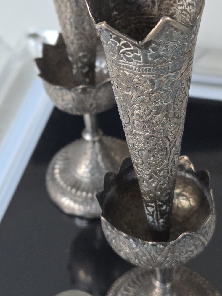 Pair Of Antique Solid Silver India Kashmir Vase