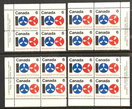 Canada #542 Census Matched Plate Block Set MNH