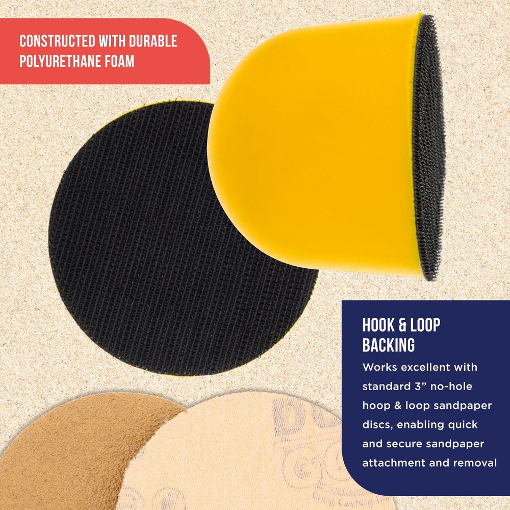 3" Palm Grip Foam Hand Sanding Block, Polish Pad Holder, Hook & Loop, Sand Buff