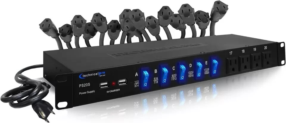 Technical Pro 20 Outlet 4 USB Port Rackmount Power Supply and Surge Protector