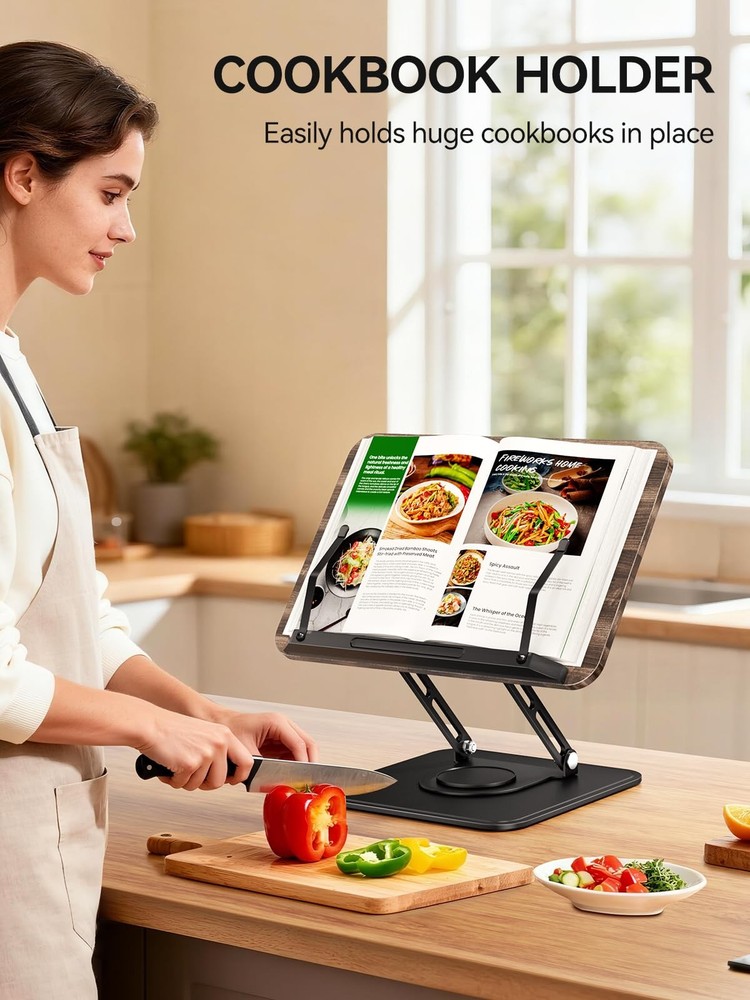 Book Stand 360 Rotating Black Adjustable Foldable Recipe Holder Page Clips