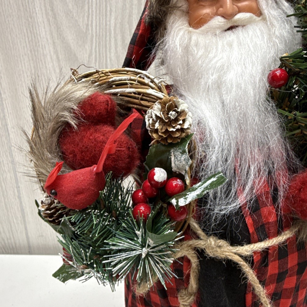 15" Plaid Black Bear Santa - Red
