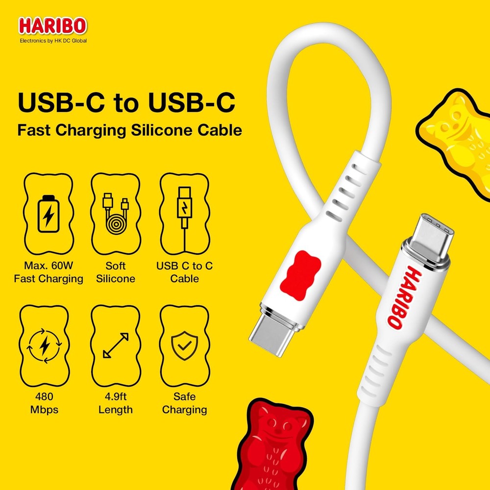 Haribo USB C to C Cable (2 Pack, 4.9ft), 60W PD Fast Charging, Soft White