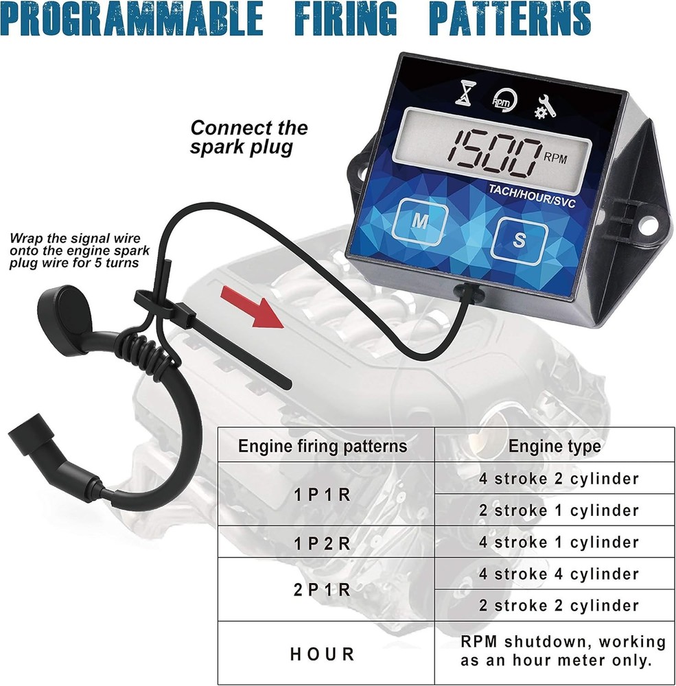 Digital Engine Hour Meter & Tachometer - Maintenance Reminder, Waterproof Design