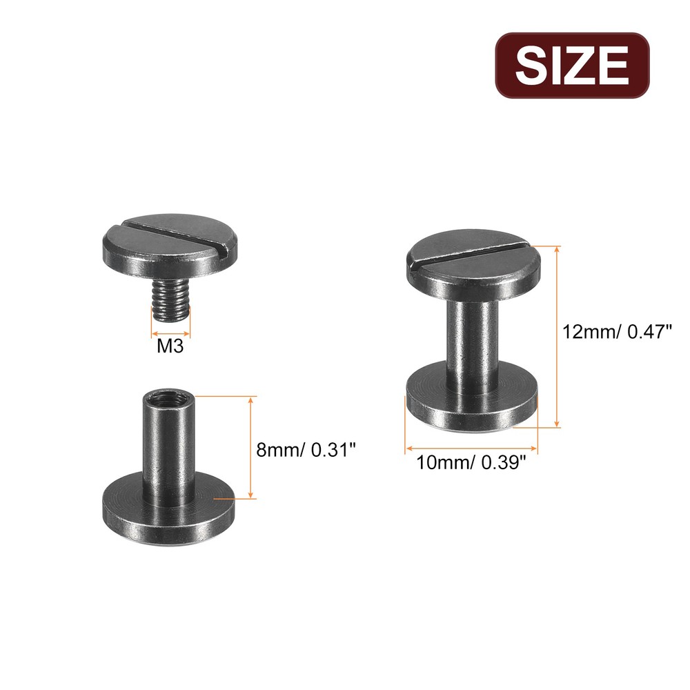 25Pack Brass Chicago Screws, 8x10mm Post Nail Stud Rivets, Black