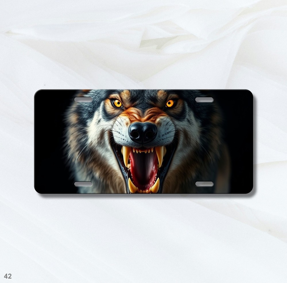 Detailed Wolf License Plate Fierce Expression Custom Vanity Plate Gift Idea