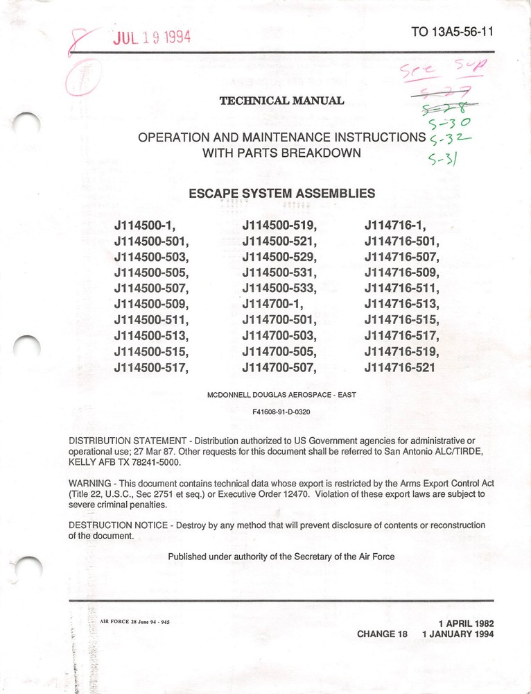 ACES II Ejection Seat Maintenance With Parts Breakdown Flight Manual -CD Version