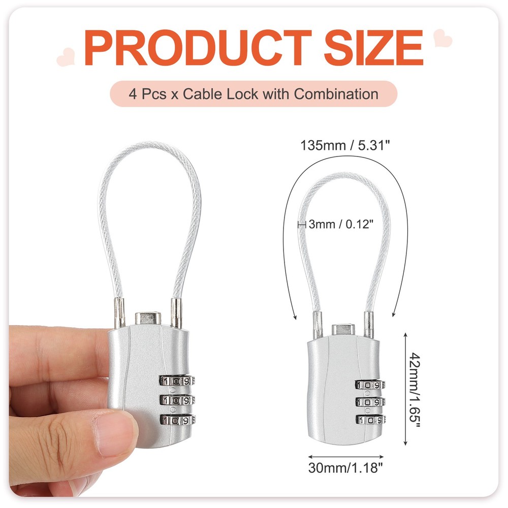 4 Pcs 3 Digit Luggage Cable Combination Lock with 5" Long Cable, Silver