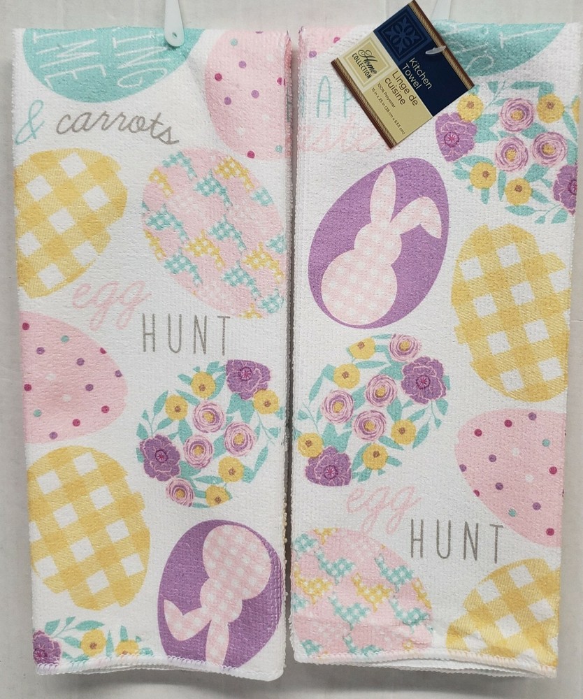 Set of 3 Same Microfiber Kitchen Towels (15"x25") EASTER, EGG HUNT, BUNNIES, GR