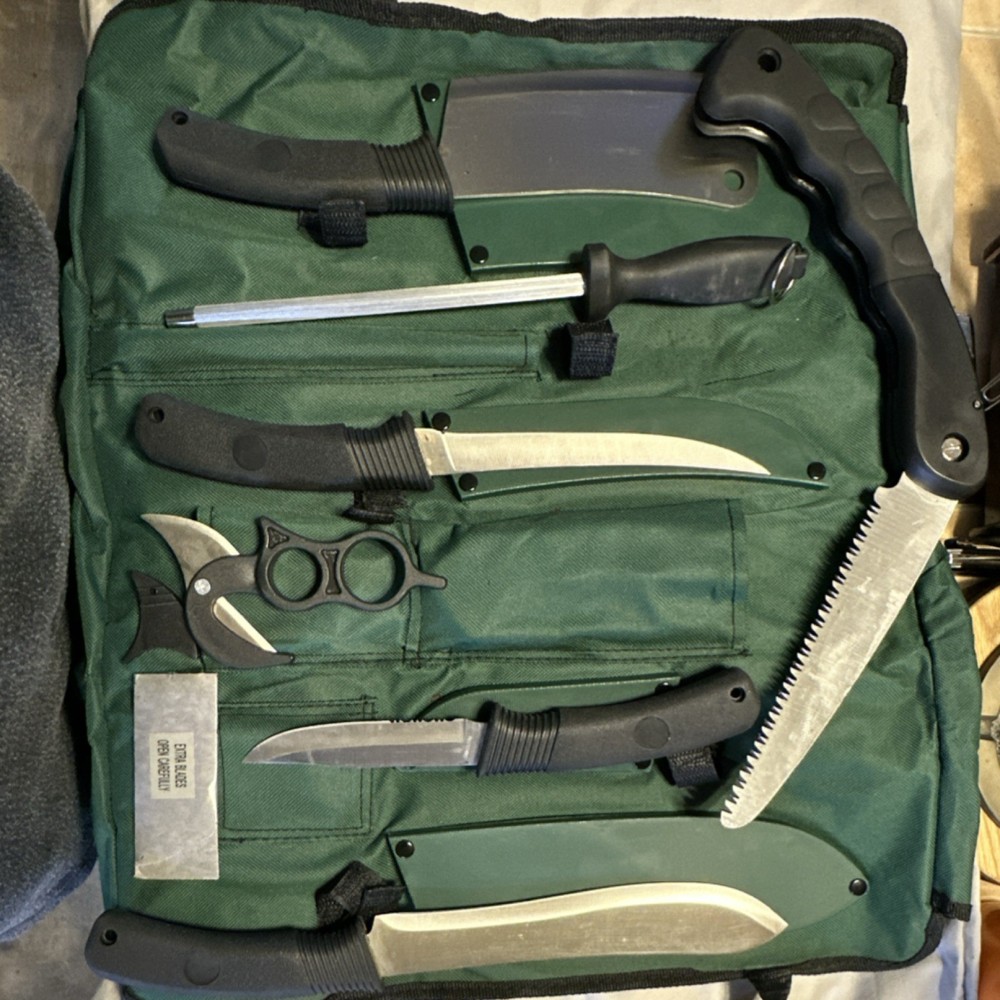 Game Processing Set Stainless Steel Knives Saw Cleaver Sharpener Green