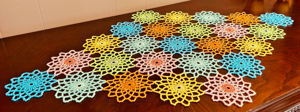 SPRING COLORS CROCHET BEADED DOILY 28"/17" Handmade