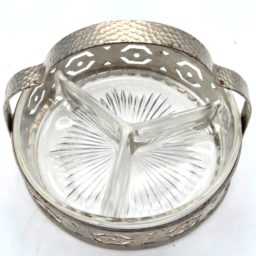 Vintage Silver Plated with Clear Glass Divided Serving Dish Hammered Handle