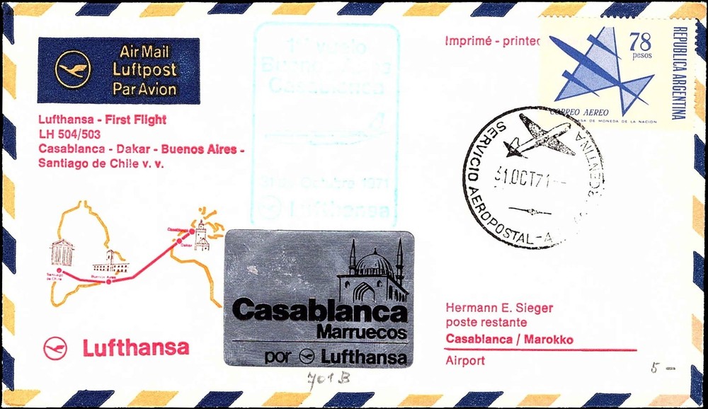 1971 Lufthansa First Flight Casablanca-Buenos Aires