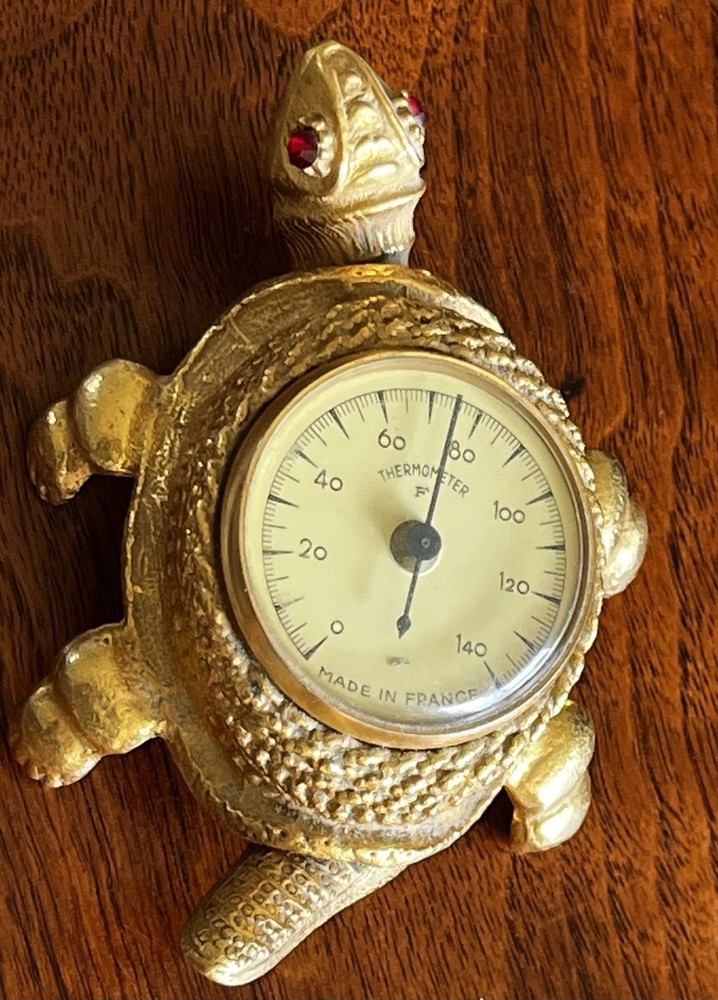 Vintage Moveable Florenza Brass Turtle With Red Ruby Eyes Thermometer Signed
