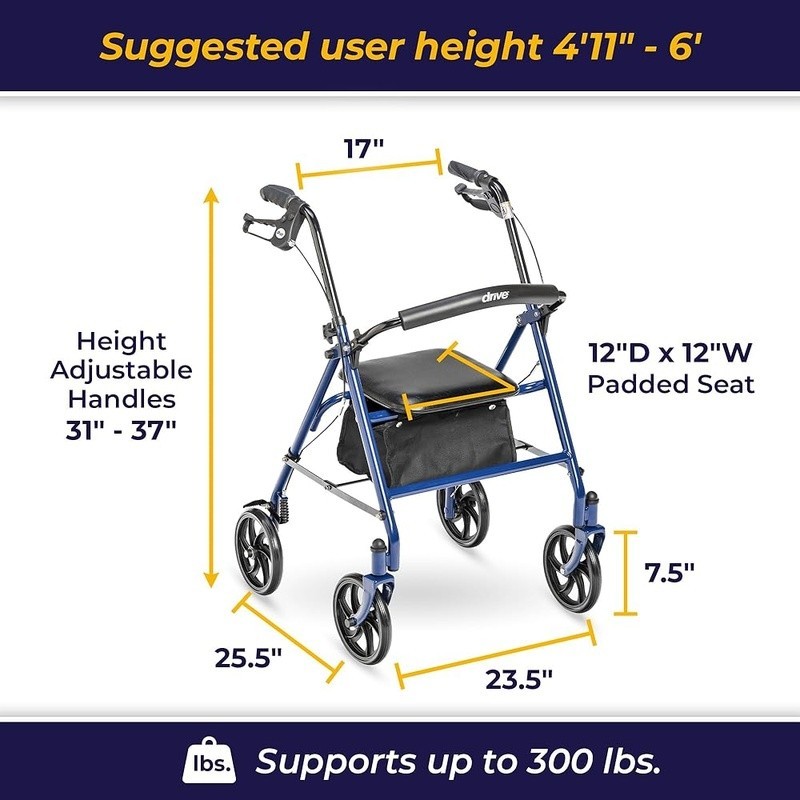 Rolling Walker W/ Seat Adjustable Foldable 4 Wheel Rollator Durable Steel Frame