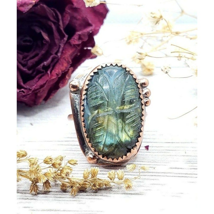 Labradorite butterfly rainbow crystal copper Ring handmade size 6 metalwork