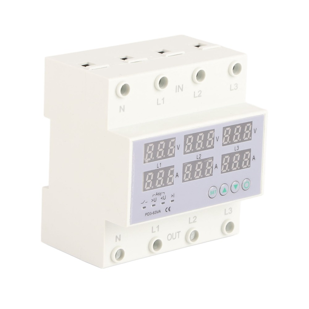 63A 3Phase DIN Rail Voltmeter Ammeter Auto-Overvoltage Overcurrent Protector AC