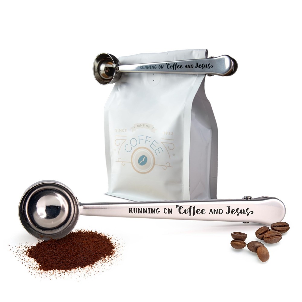 Running on Coffee and Jesus 1 Tbsp Scoop with Bag Clip Medium, Silver