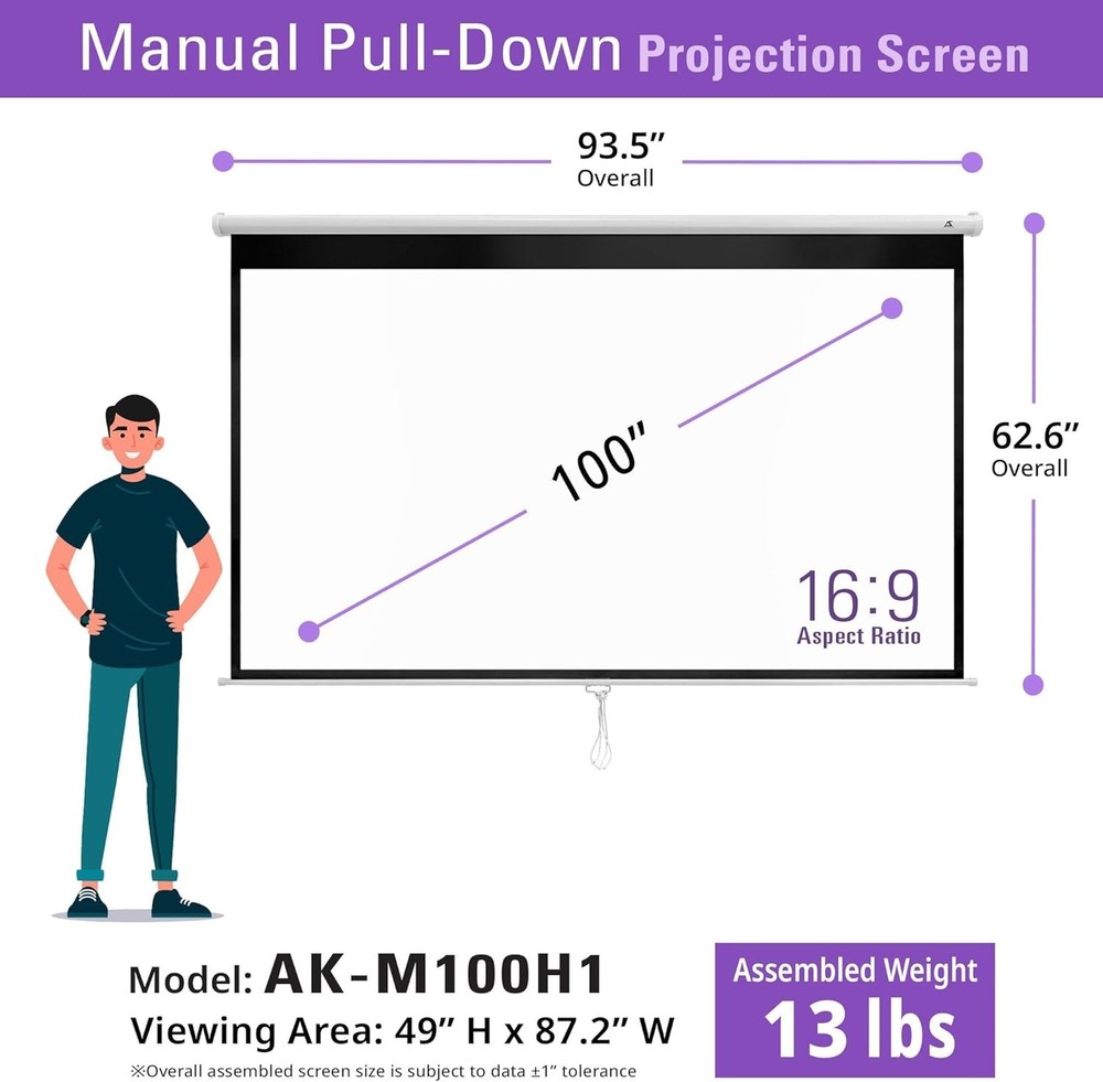 100-Inch Pull Down Projector Screen - ISF Certified for Stunning Clarity