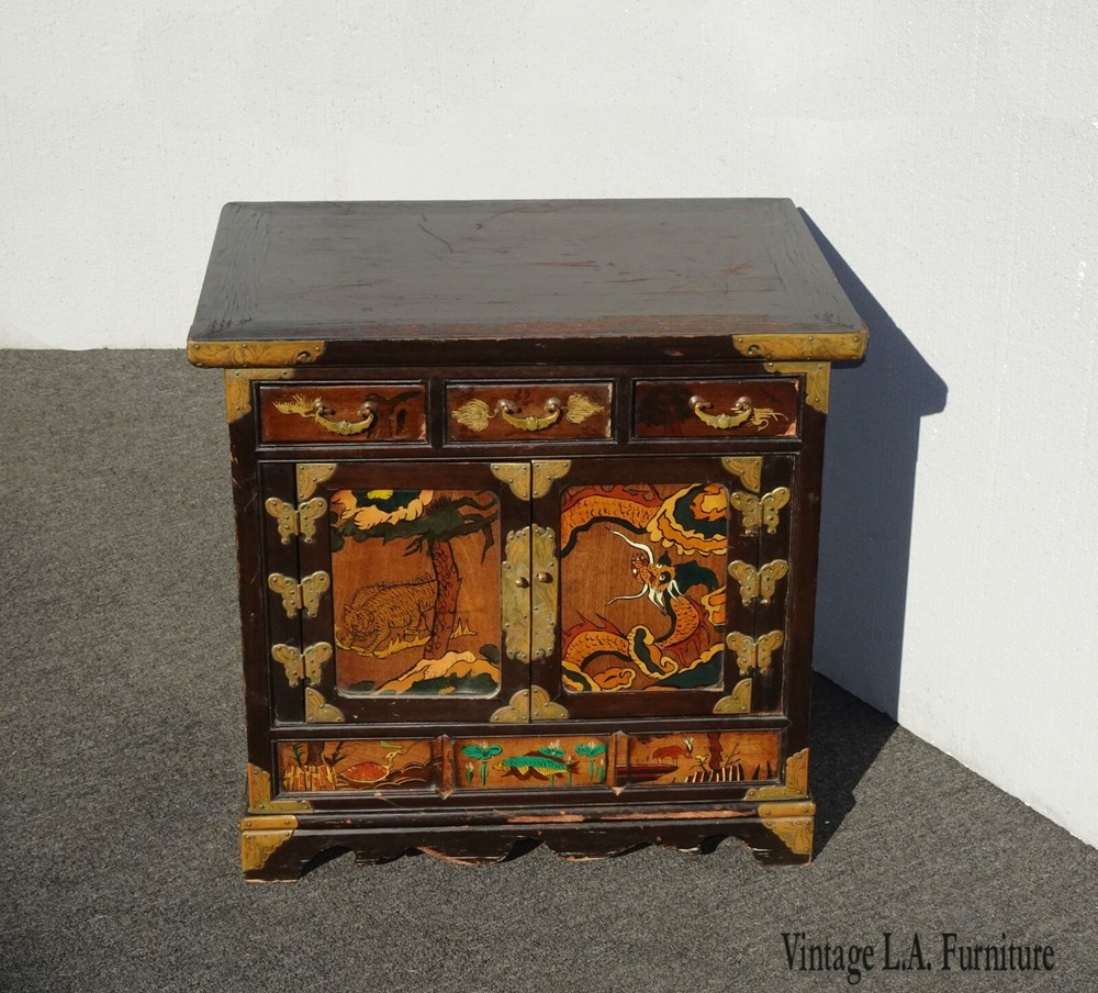 Antique Oriental Asian Hand Painted Side Table Cabinet End Table Brass Hardware