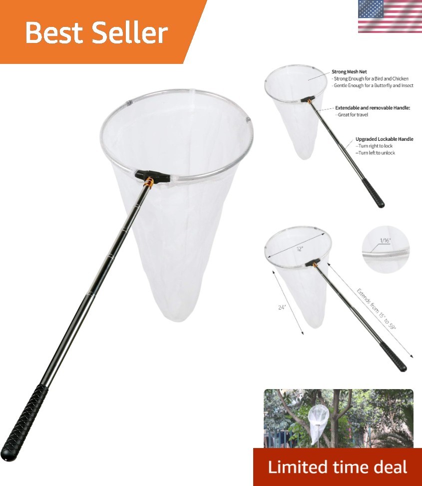 Professional Quality Insect Catching Net: 12" Ring, 59" Adjustable Handle