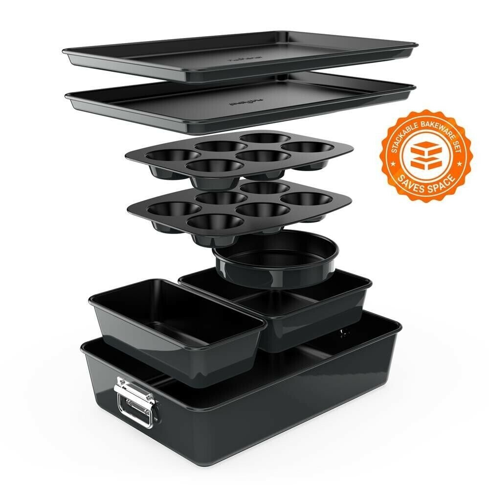 Nutrichef 8pcs. Stackable Carbon Steel Bakeware Sets - Non-Stick Coating (Black)
