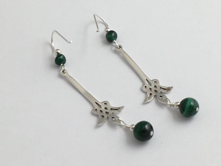 Sterling Silver Long drop angular Celtic Knot Earrings-Malachite, gorgeous,green
