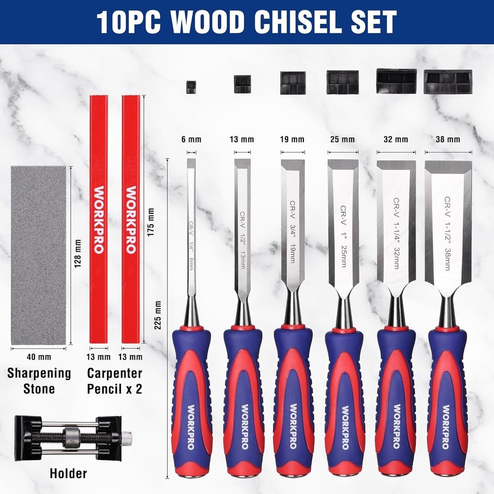 Complete Woodworking Chisel Kit - 10-Piece Bevel Edge Set with Sharpening Tools